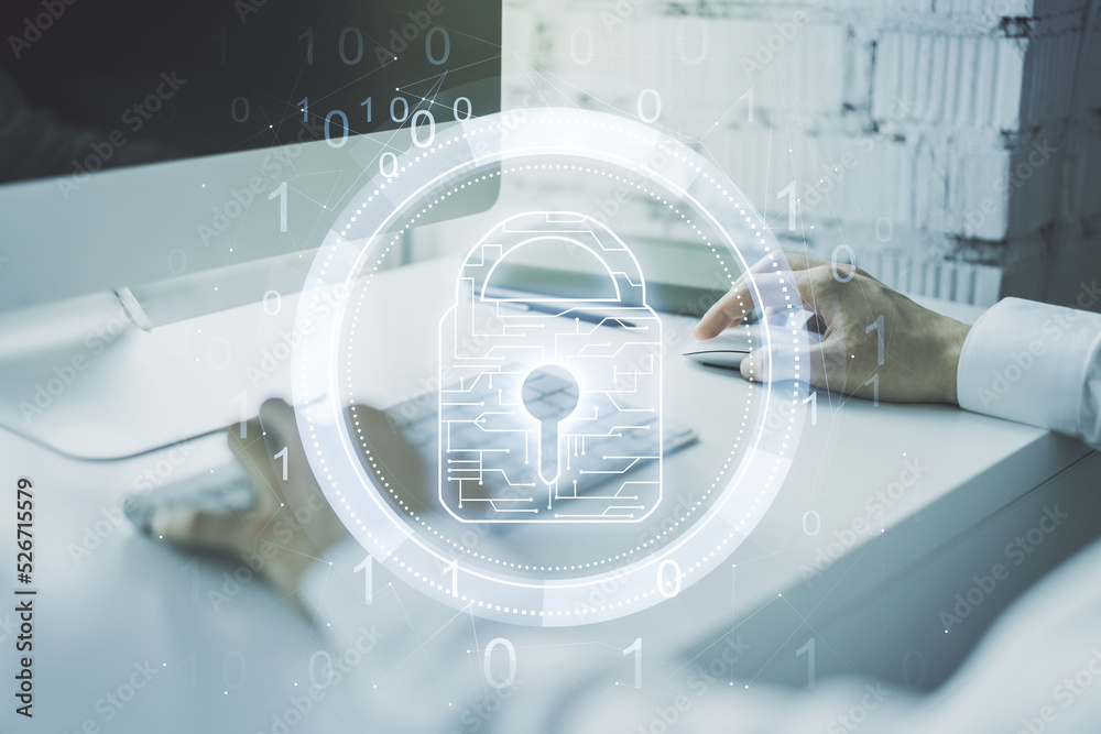 Poster double exposure of creative lock hologram with chip and hands typing on laptop on background. inform