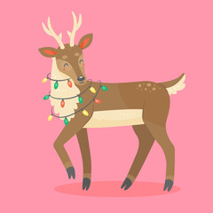 Cute deer with a garland in cartoon style. New Year and Christmas animal character. Vector isolated illustration.