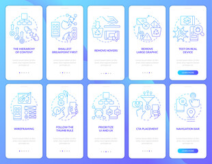 Mobile first design blue gradient onboarding mobile app screen set. Walkthrough 5 steps graphic instructions with linear concepts. UI, UX, GUI template. Myriad Pro-Bold, Regular fonts used