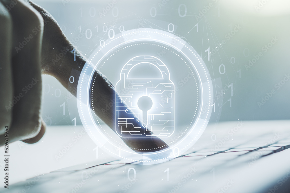 Poster double exposure of creative lock hologram with chip and hands typing on laptop on background. inform
