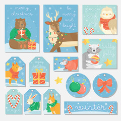 Collection of cards, tags, postcards, labels for New Year and Christmas with cute forest animals in cartoon style. Vector concept illustration.