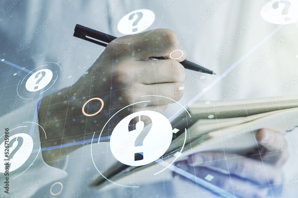Aufkleber creative concept of question mark illustration and man hand writing in notebook on background. faq a