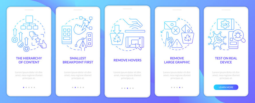 Mobile first design process blue gradient onboarding mobile app screen. Walkthrough 5 steps graphic instructions with linear concepts. UI, UX, GUI template. Myriad Pro-Bold, Regular fonts used