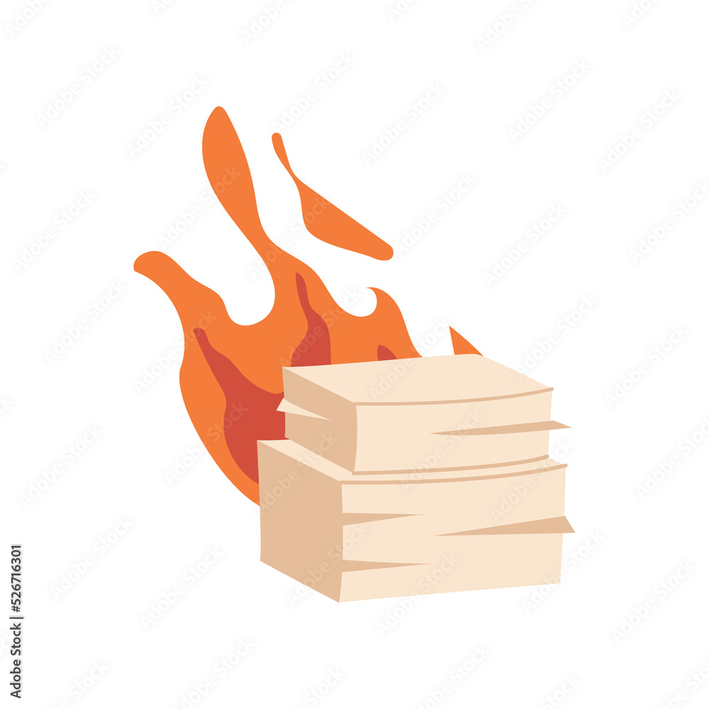 Poster Burning pile of paper, business report in fire. Isolated urgent projects at work, organization problems and troubles with meeting deadlines. Vector in flat style