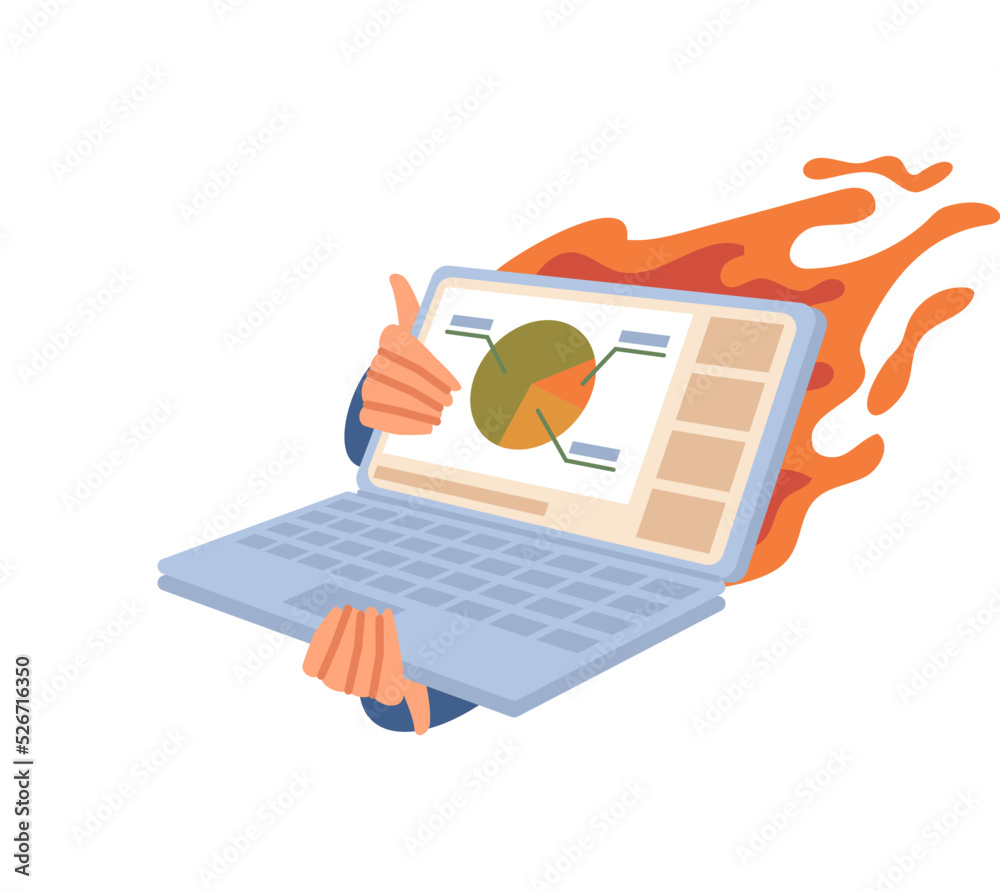Poster Deadline urgent business project or task, isolated laptop with diagram and report in fire. Burning monitor, problems and troubles at work. Vector in flat style