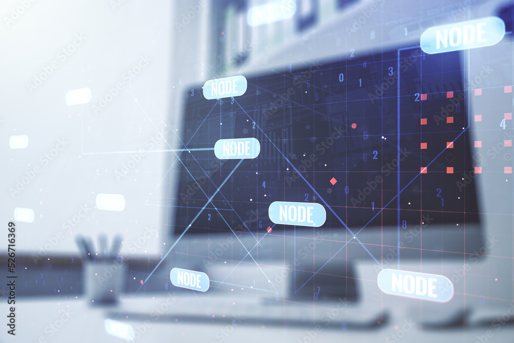 Poster double exposure of abstract creative programming illustration and modern desk with computer on backg