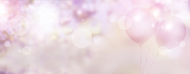 Holiday background with pastel pink balloons on abstract bokeh background for banner and greeting cards. - obrazy, fototapety, plakaty