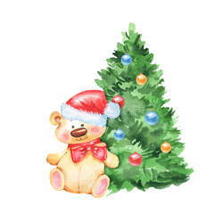Christmas tree and Teddy Bear. Watercolor illustration