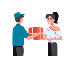 Delivery courier, happy client with order parcel, delivering express order, vector flat cartoon. Courier man with parcel deliver box to woman at home, isolated cartoon characters