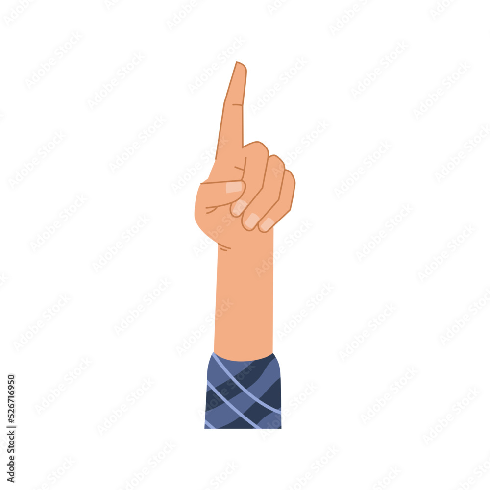 Poster One finger up hand gesture isolated human palm with pointing forefinger. Vector counting first sign, body language communication gesture, caucasian man or woman hand show number 1