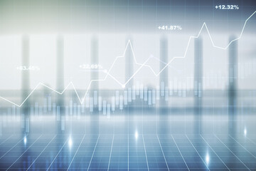 Multi exposure of virtual abstract financial diagram on abstract empty interior background, banking and accounting concept