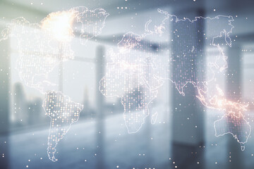 Double exposure of abstract digital world map hologram on empty room interior background, big data and blockchain concept