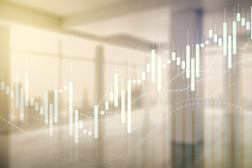 Abstract virtual financial graph hologram on empty corporate office background, forex and investment concept. Multiexposure