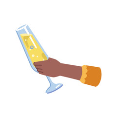 Champagne romantic alcohol drink in afro american woman hand isolated flat cartoon vector illustration. Person tasting white wine with bubbles in high wineglass, winery product