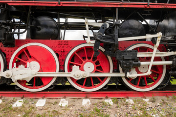 Fototapeta na wymiar Wheel connection of a steam locomotive. Transfer control of motion.