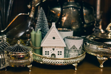 Christmas interior details on the shelf in the room.