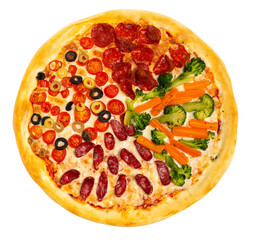 Pizza for your menu, pizza mockup, isolated pizza, pizza with salami, vegetables, sausages, broccoli, carrot, tomato, olives