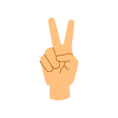 Hand gesture showing V sign, peace or victory meaning. Isolated palm with two fingers up, signal of freedom and positivity. Flat cartoon, vector in flat style