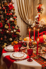 Christmas serving at home on the background of the Christmas tree.