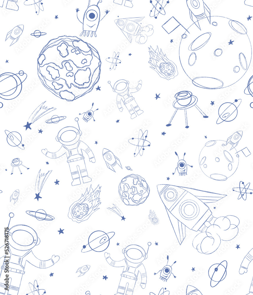 Wall mural hand drawn earth. seamless children's pattern with space s. doodle sketch of space s. idea for child