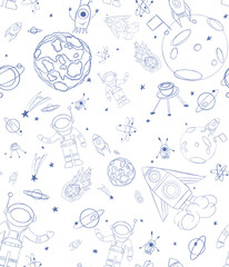 Hand drawn earth. Seamless children's pattern with space s. Doodle sketch of space s. Idea for children's room, wallpaper, textiles, clothes and other things for children.