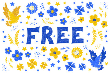 Ukraine free, graphic elements, dove, sunflower, flowers, stars, yellow-blue background, folk ethnic hand-drawn style