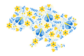 Map of Ukraine, floral, decorative, doodle, yellow-blue, stand with Ukraine, no war