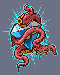 Cartoon pink octopus tentacles with shining diamond. Isolated on blue background. Tattoo outline. Vector icon.