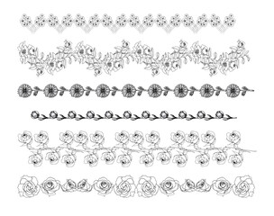Set di cornici floreali nere vintage, illustrazione isolata su sfondo bianco