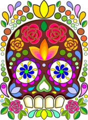 Papier Peint photo Lavable Dessiner Crâne de sucre Art floral Crânes mexicains Jour des morts Symbole élément isolé -