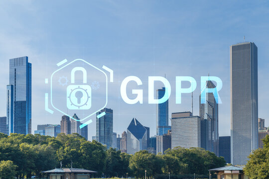 Chicago skyline from Butler Field towards financial district skyscrapers, day time, Illinois, USA. Parks and gardens. GDPR hologram, concept of data protection regulation and privacy for individuals