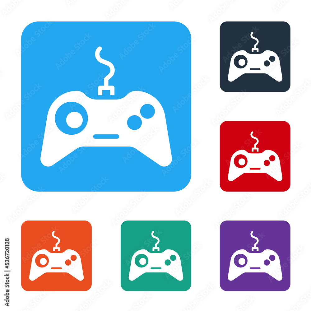 Poster white gamepad icon isolated on white background. game controller. set icons in color square buttons.