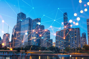 Downtown city view skyscrapers of Chicago skyline panorama over Lake Michigan, harbor area, sunset, Illinois, USA. Social media hologram. Concept of networking and establishing new people connections