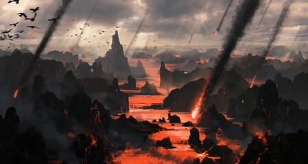 Meteorite falling from the sky, purgatory scene, 3d illustration. - obrazy, fototapety, plakaty