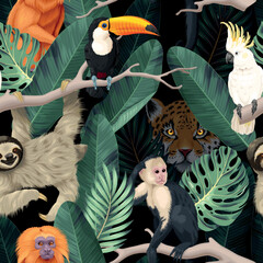 Seamless pattern with exotic trees and animals - obrazy, fototapety, plakaty