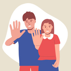 Frustrated male and female couple reaching forward. Gesture of a stop. Human emotions. flat vector.