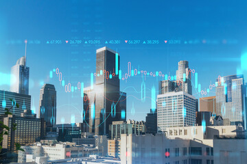 Fototapeta premium Panorama cityscape of Los Angeles downtown at day time, California, USA. Skyscrapers of LA city. Glowing forex graph hologram. The concept of internet trading, brokerage and fundamental analysis