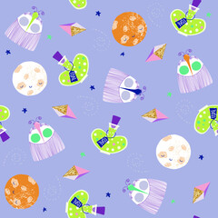 Seamless pattern with moon, potion bottle and butterfly. Halloween bright print. Vector hand drawn illustration.