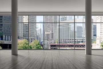 Downtown Chicago City Skyline Buildings from Window. Beautiful Expensive Real Estate. Epmty office room Interior Skyscrapers, River walk, bridge, waterfront view. Cityscape. Day time. 3d rendering.