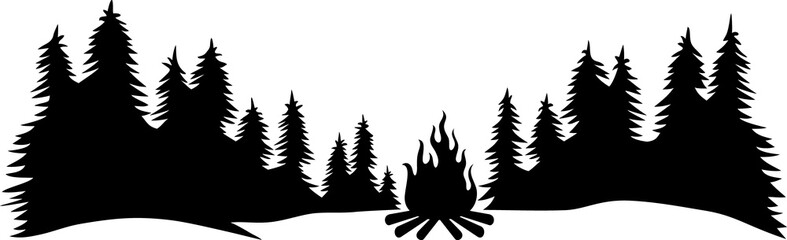 Landscape - camping in the forest (tourist tent and campfire, travel design). Png Illustration.