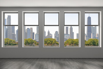 Naklejka na ściany i meble Downtown Chicago City Skyline Buildings from High Rise Window. Beautiful Expensive Real Estate overlooking. Epmty room Interior Skyscrapers View in Penthouse Cityscape. Day time. 3d rendering.