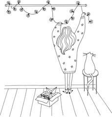 The girl decorates the room with a garland. Vector doodle illustration of a young woman in a homely cozy sweater next to a cat. On the floor are Christmas toys and decorations isolated.