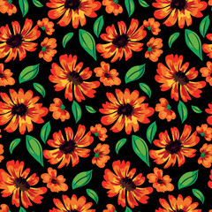 Seamless floral pattern with folk motifs. Bright botanical print with large hand drawn flowers, leaves on a dark background. Vector illustration.