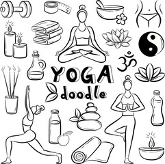Hand drawn yoga vector doodle set. Colorful vector illustration for your design on white background © yura batiushyn
