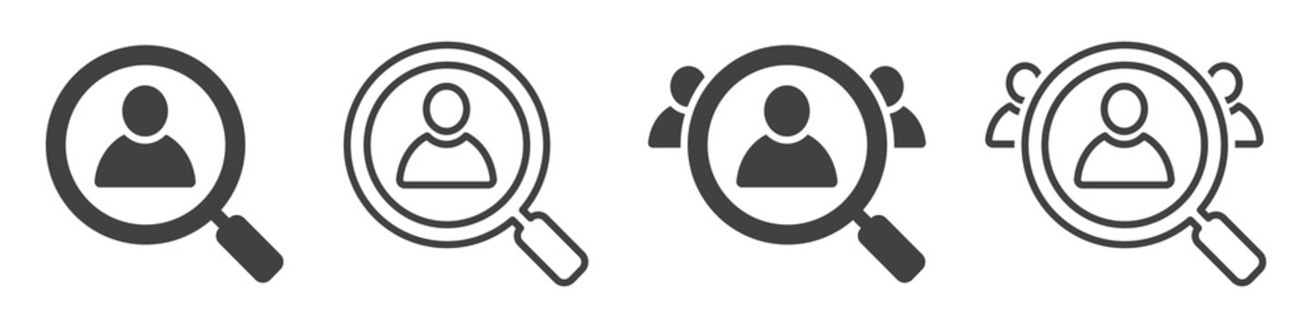 Set of human resource icons. Hiring icons, loupe career symbol. Search job vacancy, find people. Hiring employee, human resources services, recruitment research. Vector illustration.