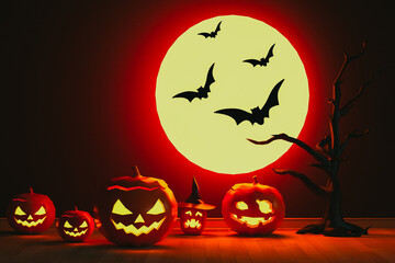 night halloween party with pumpkins crow and black tree. 3D render