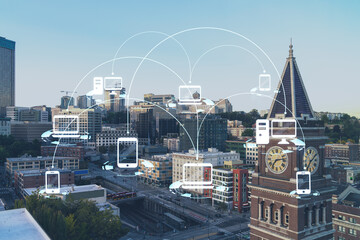 Seattle aerial skyline panorama of downtown at day time, Washington USA. Social media hologram. Concept of networking and establishing new people connections