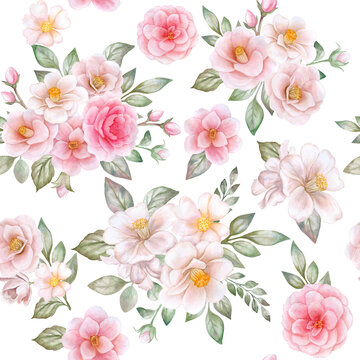 camellia, roses floral seamless pattern, pink, white flowers with leaves, vignette isolated on white background. Bouquet. Templates. Watercolor. Illustration. Hand drawing. Greeting card design.