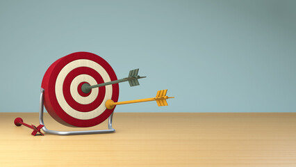 3D OKR (Objectives and Key Results) & KPI (Key Performance Indicators) target concept with green, yellow, and red arrows for measuring performance management and achievement on tabletop. Business conc