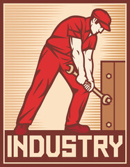 Worker holding wrench - industry poster (design for labor day) png illustration - obrazy, fototapety, plakaty